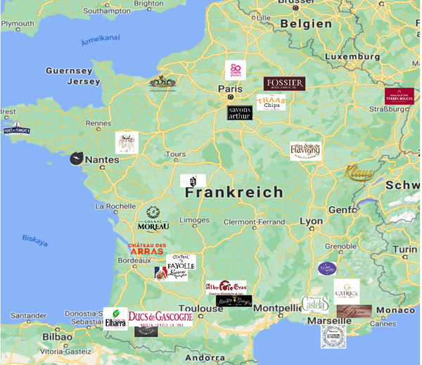 Die Frankreichkarte auf der die Standorte unserer Lieferanten angezeigt werden