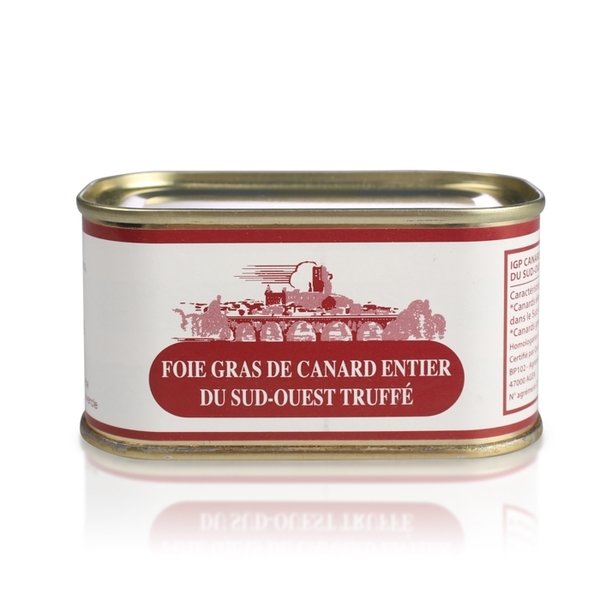 Foie gras de canard entier truffé à 3% de truffes noires (130g en boite)